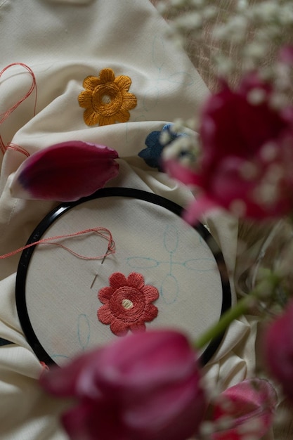 Close up of pastel embroidered floral